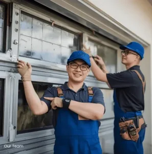 team replacing garage door panel in sherman oaks